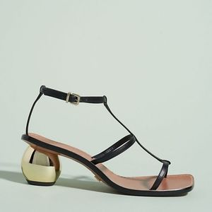 Anthropologie Vicenza, Black Leather Strap Gold 2" Heel Size 7
